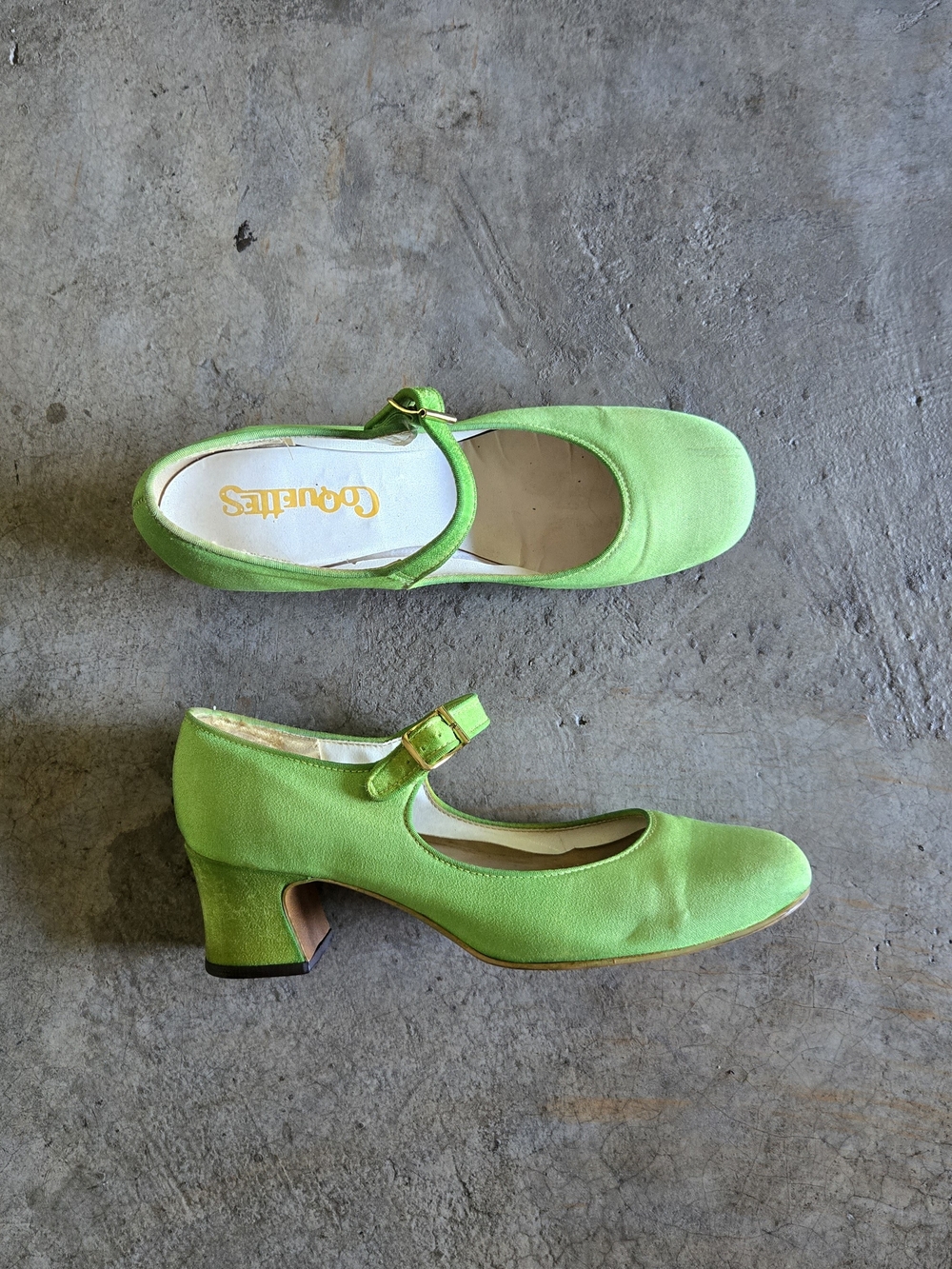 Vintage 60s Lime Green Mary Jane Heels Coquettes Low Heel Mod Hippie 7